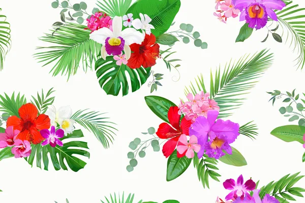 Fondo floral tropical con orquídea, flores de hibisco y monstera, palma, plátano, hojas de eucalipto — Vector de stock
