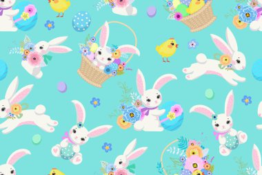 Duvar kâğıdı ve kumaş tasarımı için tatlı tavşancıklar, yumurtalar ve çiçeklerle bahar paskalya arkaplanı. Vektör