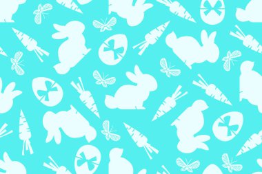 Paskalya bayramı arka planında tavşanlar, yumurtalar, kelebekler ve havuç