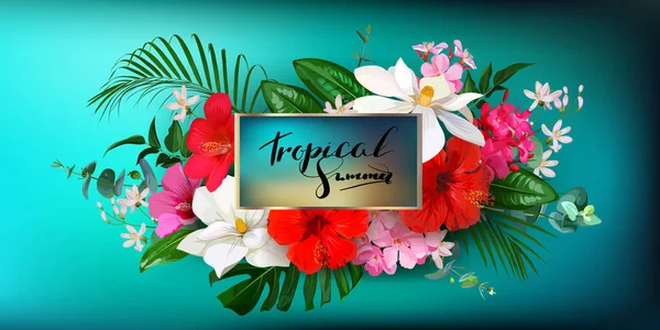 Tropisk vektor design av gratulationskort med hibiskus och magnolia blommor — Stock vektor