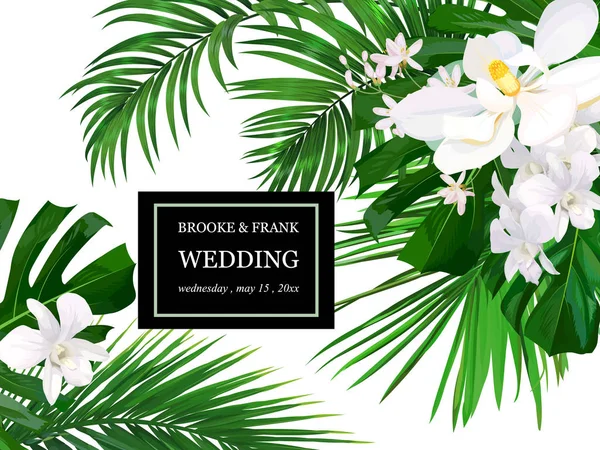 Invito di nozze con fiori tropicali, orchidee, magnolia e palma, foglie di monstera — Vettoriale Stock