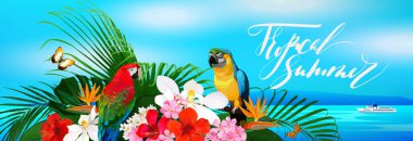 Beautiful tropical banner with flowers,butterfly,parrots and palm leaves on sea background