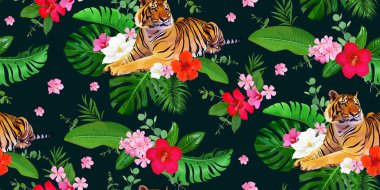 Seamless tropical pattern with tigers and bunch of hibiscus flowers and leaves