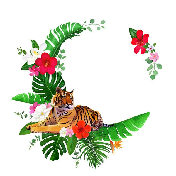 Tropical wreath with bengal tiger and hibiscus flowers — 图库矢量图片