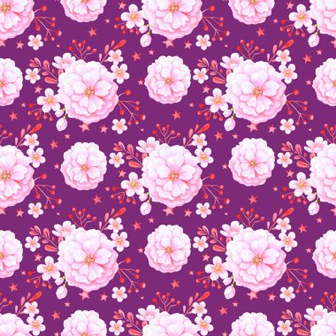 Şirin kiraz çiçekleri ve sakura duvar kâğıdı. Kusursuz suluboya arka plan. Kızlar için kumaş tasarımı