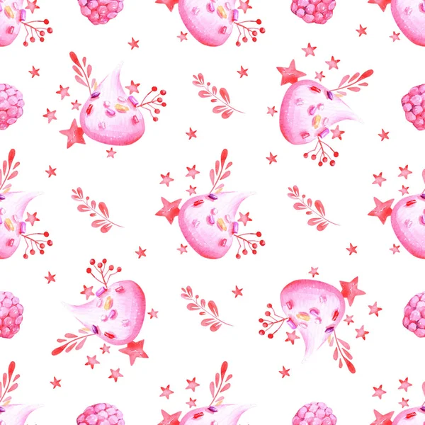 Fondo Sin Costuras Con Merengue Rosa Estrellas Comida Deliciosa Ilustración — Foto de Stock