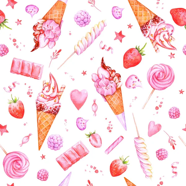 Niedliche Nahtlose Aquarell Hintergrund Mit Rosa Eis Und Süßigkeiten Für — Stockfoto
