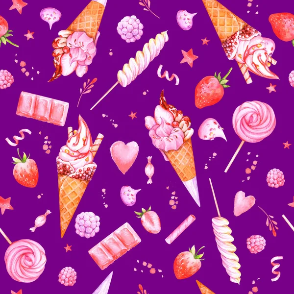 ピンクのアイスクリームとお菓子の誕生日デザインのかわいいシームレス水彩の背景 — ストック写真