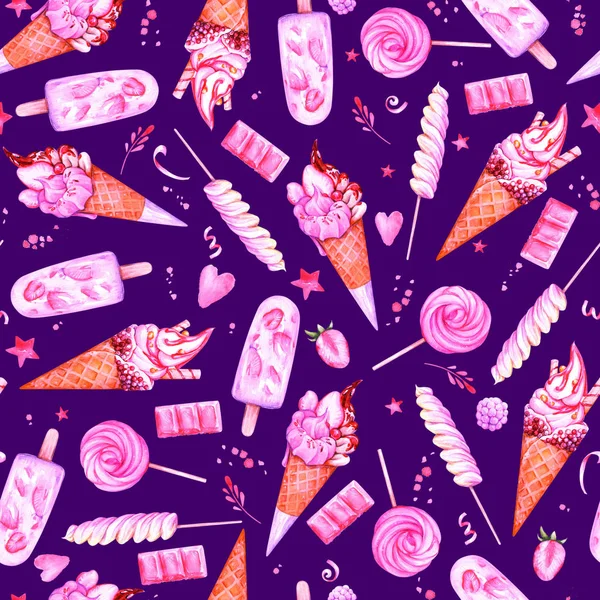 Lindo Fondo Acuarela Sin Costuras Con Helado Rosa Dulces Para — Foto de Stock