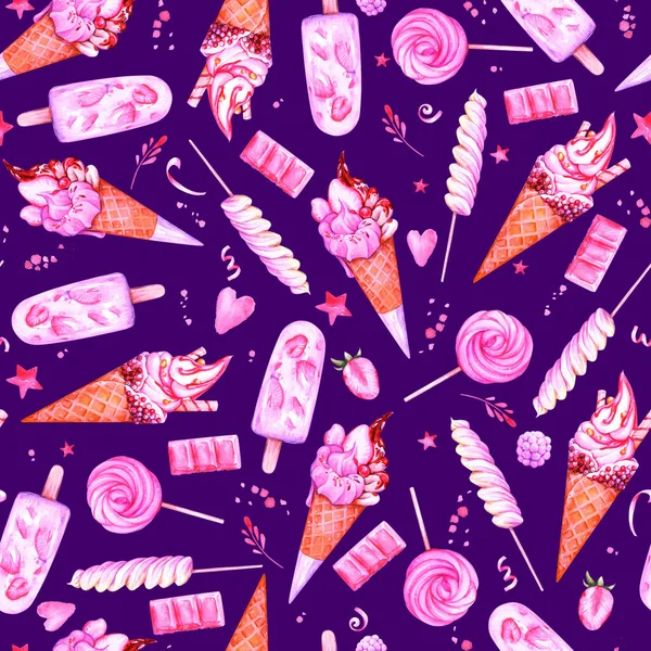 Cute seamless watercolor background with pink ice cream and sweets for birthday design