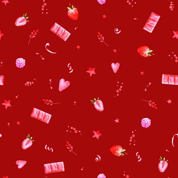 Bezešvé Prázdninové Akvarelové Textury Růžovou Čokoládou Jahodami Srdíčky Hvězdami — Stock fotografie
