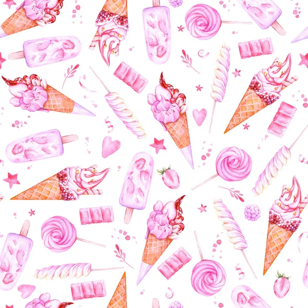 漂亮无缝水彩画背景与粉红冰淇淋和糖果的生日设计 — 图库照片