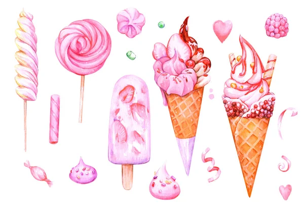 Conjunto Helados Rosados Acuarela Elementos Dulces Para Diseño Tarjetas Felicitación — Foto de Stock