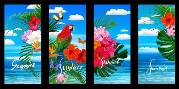 Uppsättning Tropiska Tapeter För Smartphone Med Papegoja Blommor Och Palmblad — Stock vektor