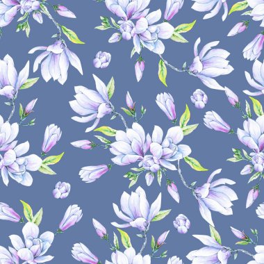 Japon manolya çiçekli kusursuz duvar kağıdı, bahar kadınlarının elbiseleri için suluboya deseni..