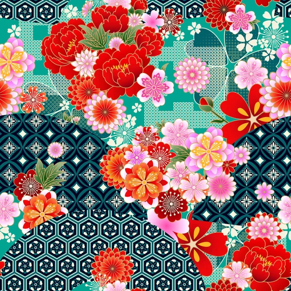 Patrón Japonés Primavera Sin Costuras Con Motivo Floral Clásico Abanicos — Vector de stock