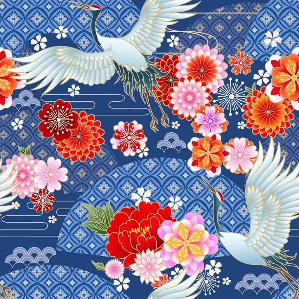 Klasik çiçek motifli, yelpaze ve vinçli kusursuz bahar Japon deseni.