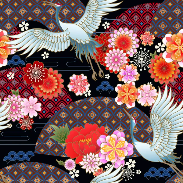 Klasik çiçek motifli, yelpaze ve vinçli kusursuz bahar Japon deseni.