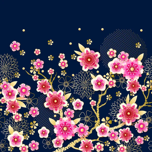 Nahtlose Blumige Frühlingseinfassung Mit Blühenden Pflaumen Chinesischen Stil — Stockvektor