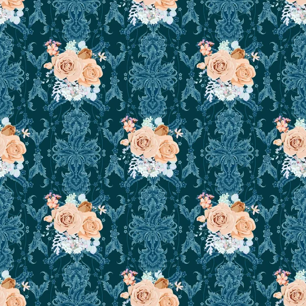 Modèle Vintage Sans Couture Avec Des Roses Pêche — Image vectorielle