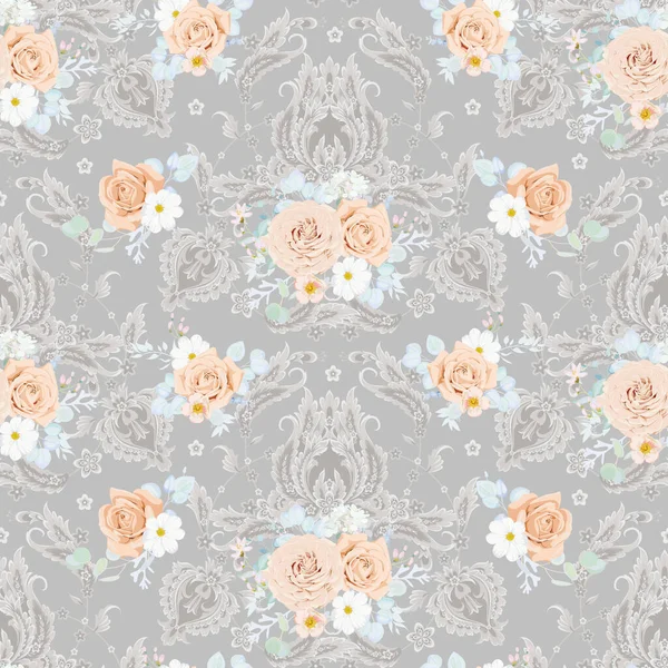 Seamless Vintage Pattern Peach Roses — Stock Vector