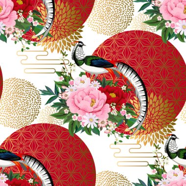 Güzel, pürüzsüz desenli, elmaslı sülün çiçekli sakura, erik ve papatya çiçekli, Çin tarzı bir yaz elbisesi.