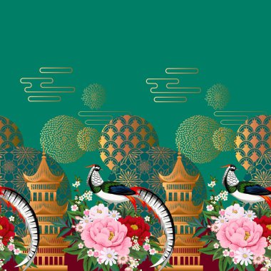 Elmas sülünle kusursuz bir sınır. Şakayık dalında oturuyor. Çiçekli sakura, erik ve papatya çiçekli.