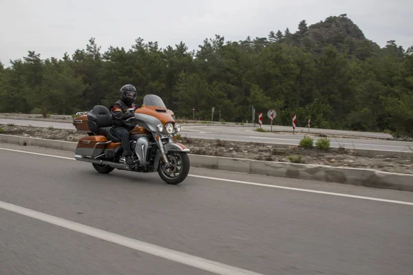 Conducteur heureux chevauchant Harley Davidson Image En Vente