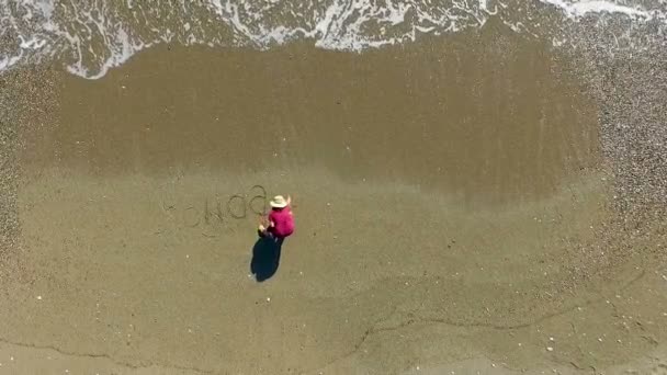 在海滩上画心脏的年轻妇女 — 图库视频影像