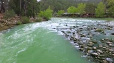 Üst aşağı hızlı hareketli River Rapids çamı ormanıyla çevrili ile görünümü. Antalya'da vurdu