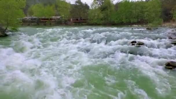 Felső Kilátás Gyorsan Mozgó Folyó Zuhatag Fenyvesekkel Körülvéve Antalya Lövés — Stock videók