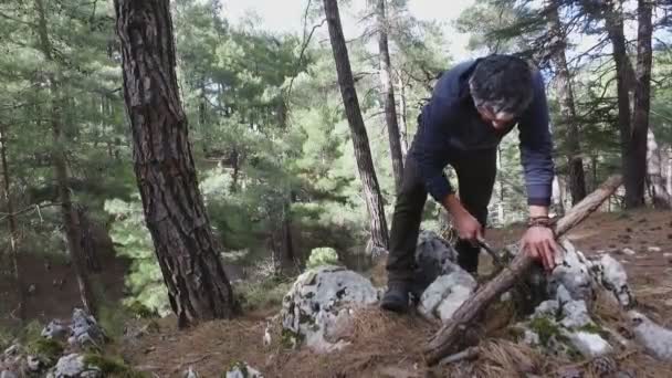 Un hombre sierra un árbol para leña con una sierra de mano . — Vídeo de stock