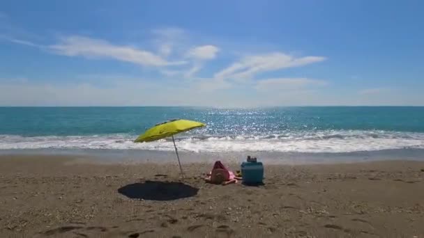 Mooie vrouw lezen op het strand — Stockvideo