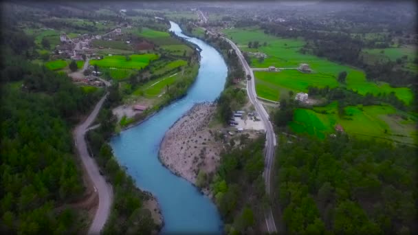 Blick von oben auf den sich schnell bewegenden Fluss mit Stromschnellen, umgeben von Kiefernwald. — Stockvideo