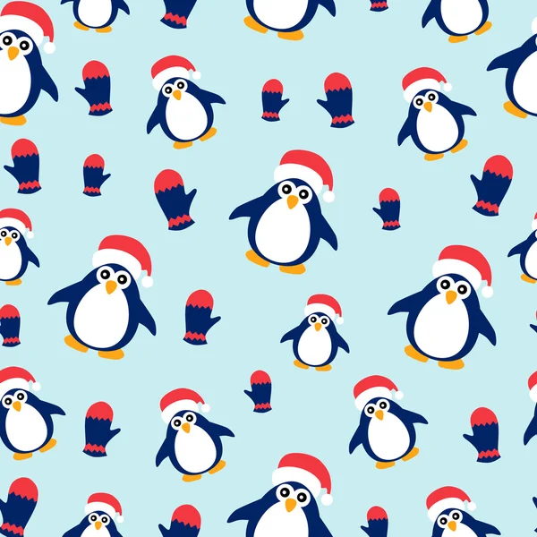 ペンギンは、青色の背景にミトン. — ストックベクタ