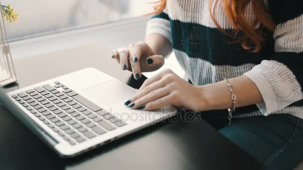 Vrouwelijke handen typen op een laptop toetsenbord — Stockvideo