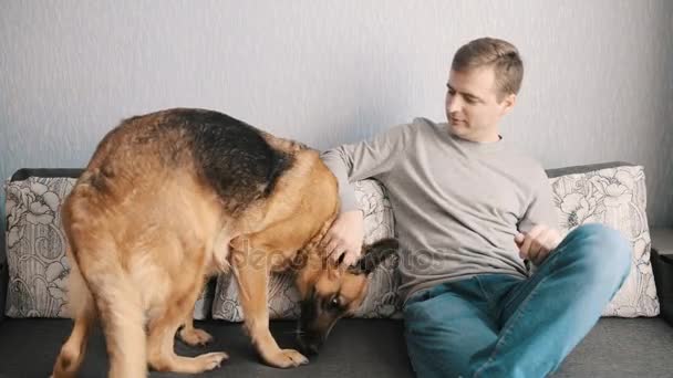 Jonge man met zijn hond zittend op een bank — Stockvideo