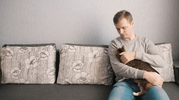 Ung man strök en katt som sitter på soffan — Stockvideo