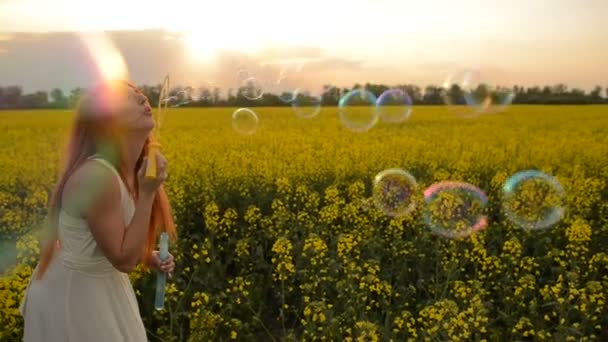 Ung röd-hår kvinna blåser bubblor på kameran utomhus i sommaräng — Stockvideo