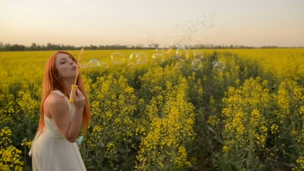 Jeune femme rousse soufflant des bulles à la caméra à l'extérieur dans la prairie d'été — Video