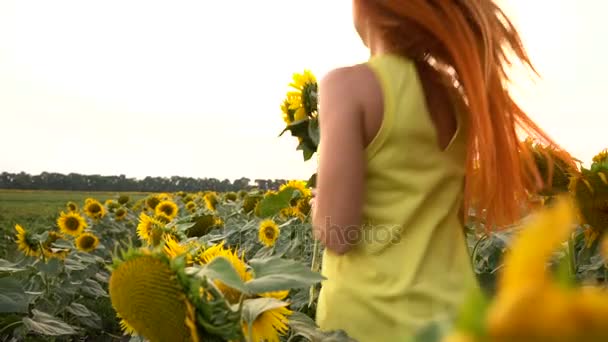 Mujer joven corriendo a través del campo de girasoles, cámara lenta — Vídeo de stock