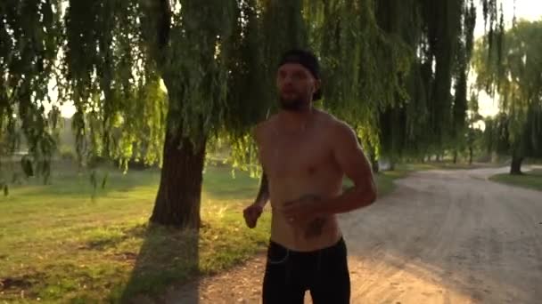 Corredor masculino corriendo por el camino en el parque al atardecer — Vídeos de Stock