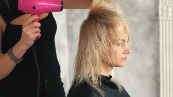 Peluquería seca el pelo secador de pelo de una joven rubia — Vídeos de Stock