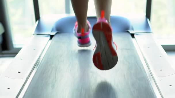 Mujer joven corre en una cinta de correr en el gimnasio, cámara lenta, vista trasera — Vídeos de Stock