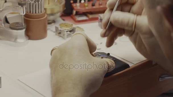 Horlogemaker repareert het polshorloge, close-up — Stockvideo