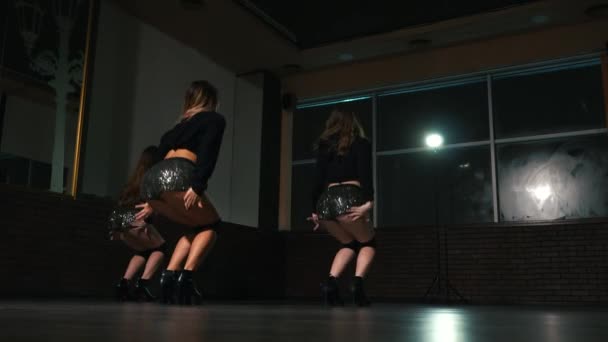 Sexy meisjes dansen twerk op de verdieping — Stockvideo