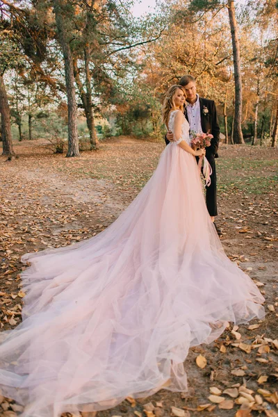 Recém-casados andando na floresta ao pôr-do-sol — Fotografia de Stock