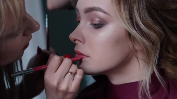 Make-up artist maluje usta do klienta w salonie piękności — Wideo stockowe