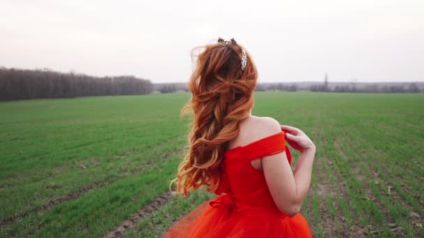 Портрет молодой красивой женщины в красном платье на фоне природы — стоковое видео