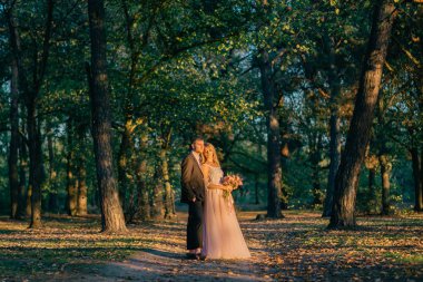 gün batımında ormanda yürüyüş yeni evliler